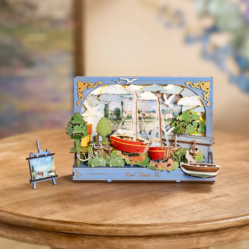 3D Wooden Red Sailboat Puzzle Kit TH004 - Unisex DIY Luminous Model Building Craft with LED Light, Father's Day Gift for Art Lovers, Puzzle-Shaped House Decoration