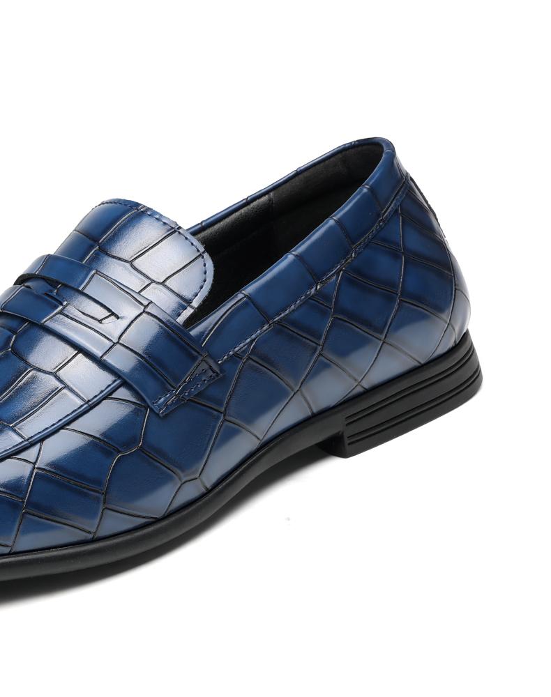 Men's Blue Croc-Embossed Penny Loafers, Formal Slip-On Leather Shoes38696