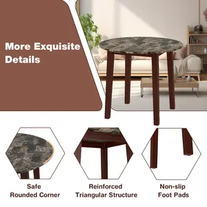 COSTWAY - 35 Inch Round Dining Table with Rubber Wood Legs and Marble-textured Veneer Tabletop-Brown