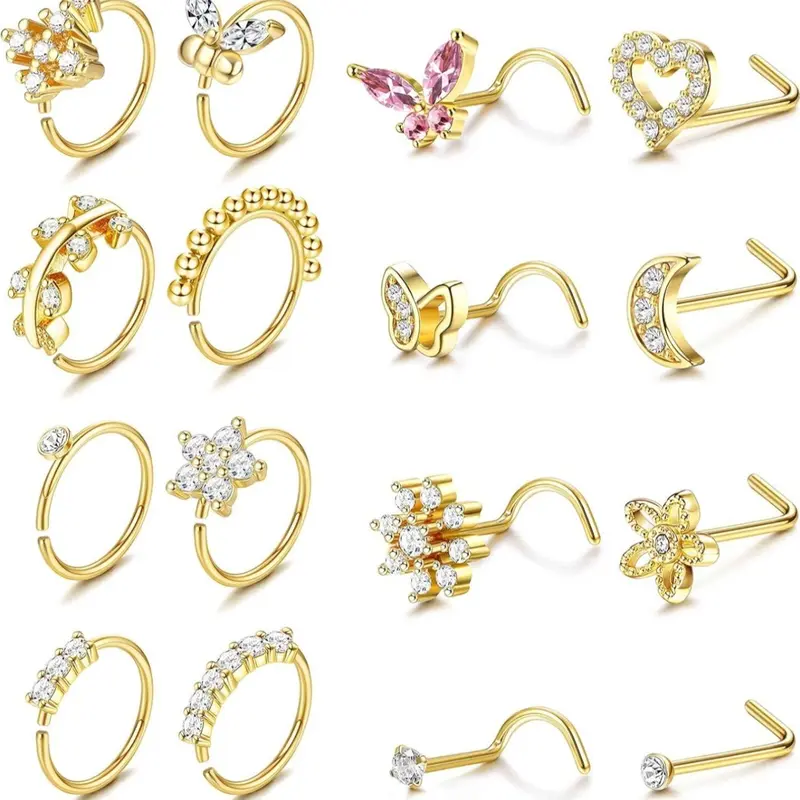 Mixed Style Rhinestone Decor Nose Rings Set, Nose Rings Hoops, Fashionable Nose Piercing Jewelry for Women & Girls, Trendy All-match & Exquisite Jewelry for Birthday Gift, Septum Jewelry, Body Jewelry