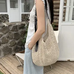 Large-capacity wax rope woven hollow-out bag for women, fashionable shoulder and crossbody bag, beach tote bag
