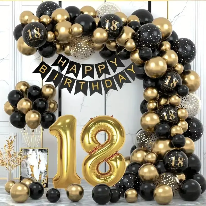 Black Gold 16/18/30/60th Milestone Birthday Garland Kit - Flag Banner, Number Foil Balloons, Balloon Lettering, Birthday Graphic, Festive Party Supplies, Balloon Lettering Balloons, Flag Banner Balloons