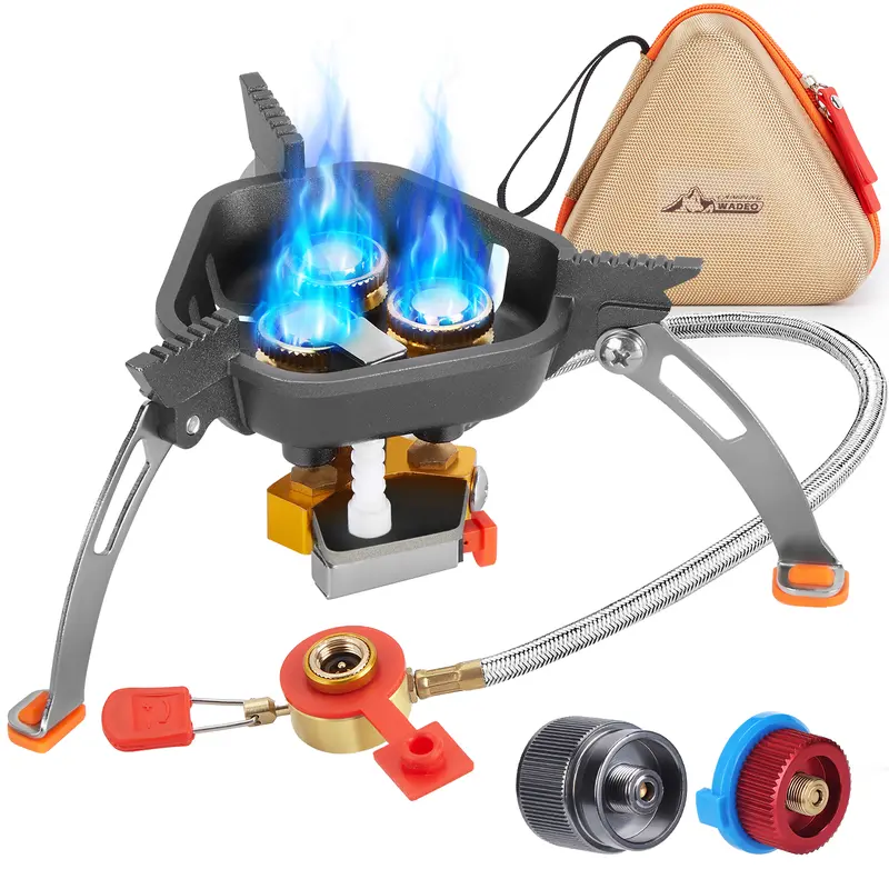 WADEO 7200W Power Portable Windproof Camping Stove - High-Quality Brass Burner, Stove Igniter, 2 Fuel Canister Adapters, Carry Case, Lightweight Aluminium Accessory with Handle for Backpacking Needs
