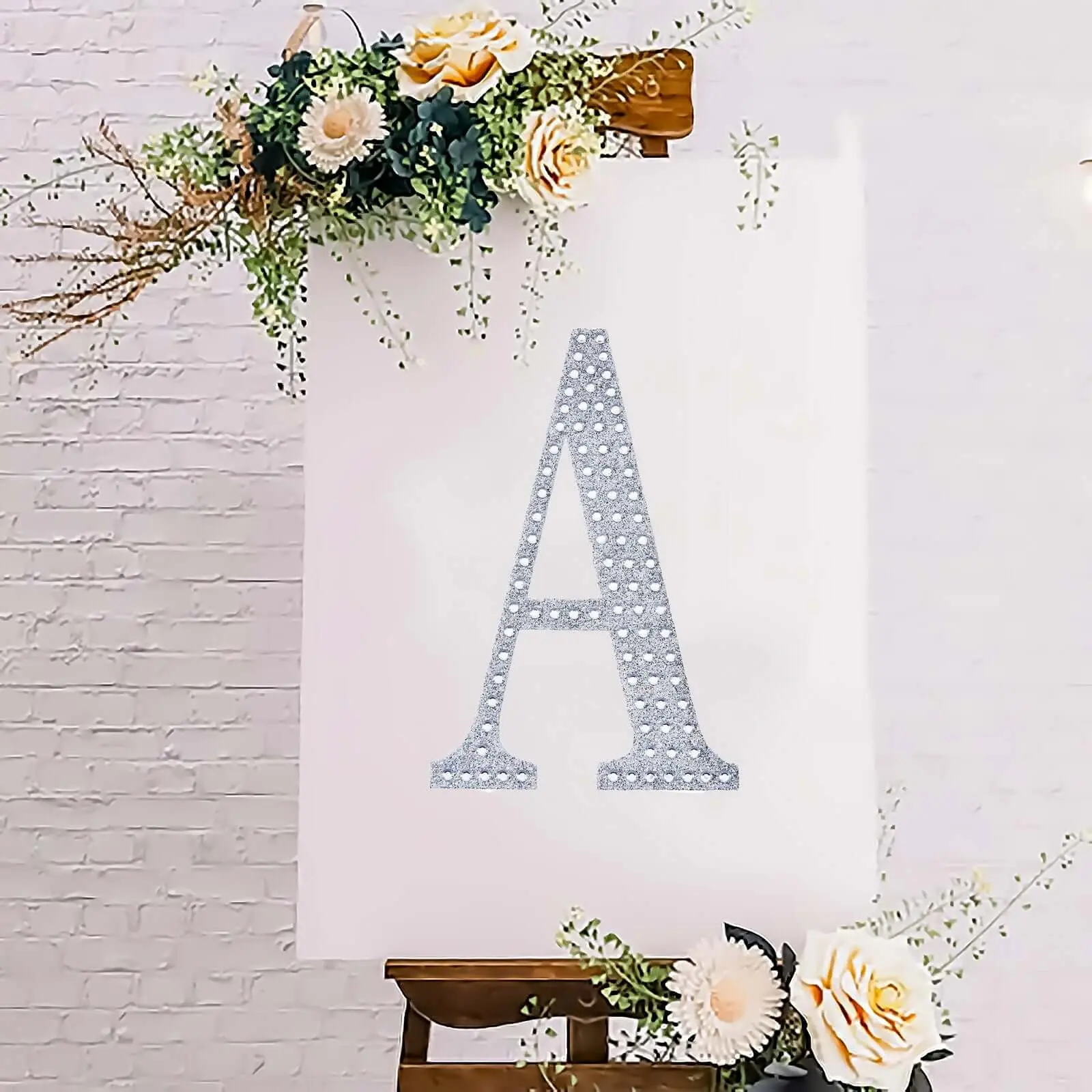 Large 8 inches Silver Glitter Rhinestone Alphabet "A" Letter Stickers - Adhesive Art Stickers for DIY Craft Embellishments, Party, Wedding Decor