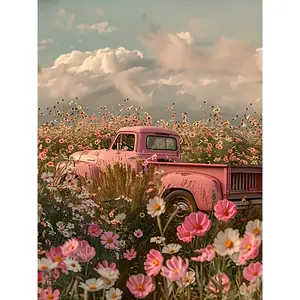 Flower Paradise Diamond Painting Kit - Full Diamond Round Canvas Tool Bag, Diamond Art Tools, 5D Diamond Art DIY for Beginners, Vintage Pink Truck and Floral Design, Frameless Mosaic Wall Decor, Suitable for Living Room or Bedroom