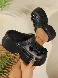 Women's DIY Floral Decorative Shoes, Thick Sole Hollow Out Design, Comfortable Gardening Shoes, Punk Style, All Seasons