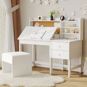 GARVEE Kids Media Desk and Matching Chair Set - Navy MDF Wood Construction, Student Workstation with Tilting Top, Hutch, Shelves, Storage for Kids Bedroom