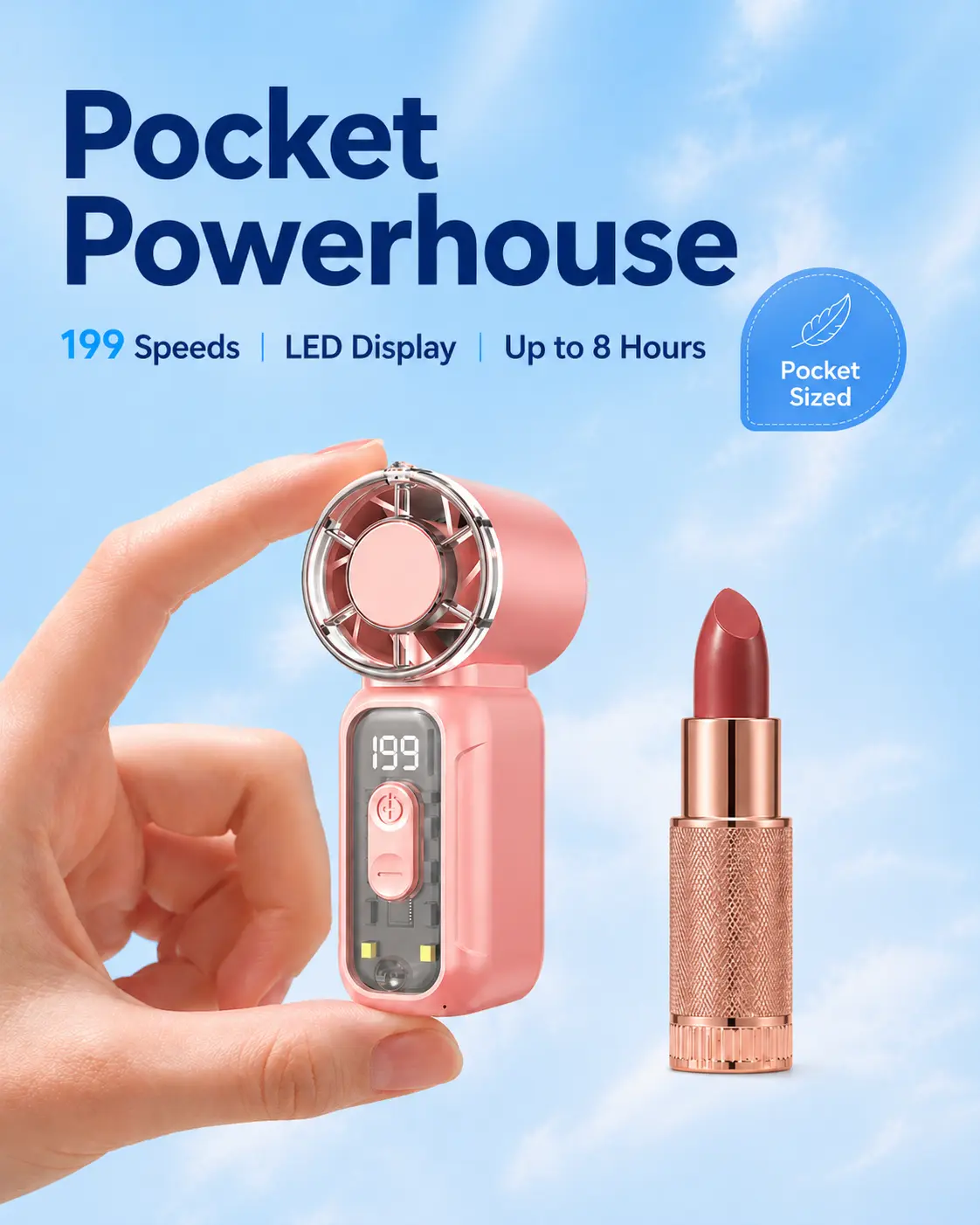 Rechargeable Pocket-Sized Fan Portable - 199-Speed Stepless Turbo Powerful Cordless Handheld Cooling Device for Travel, Makeup Drying, Cells-Compatible