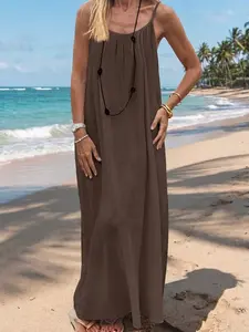 Women's Boho Solid Color Long Dress Summer Casual Sleeveless Spaghetti Strap Slip Dress Oversized Backless Vacation Nightgown