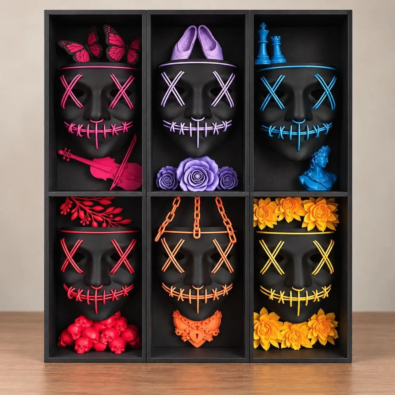 Gothic Mask Shadow Box Decor, Black Stitched Smile Face 3D Display Frame with Color Accent Details, Spooky Halloween Shelf Decor Gift for Horror and Dark Art Fans