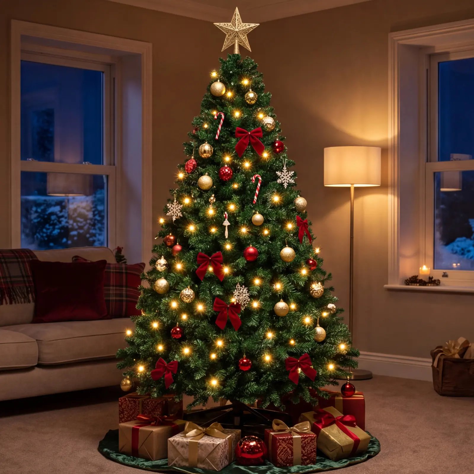 Pre-Lit Conical Artificial Christmas Tree Set - 250 Warm-Toned LED Glow Decorative Lights, Snow-Flocked Green-White Branch Tips, Metal Foldable Base, Ornaments Included, Indoor Home Party Christmas Wishlist Flocked Light-Up Decor