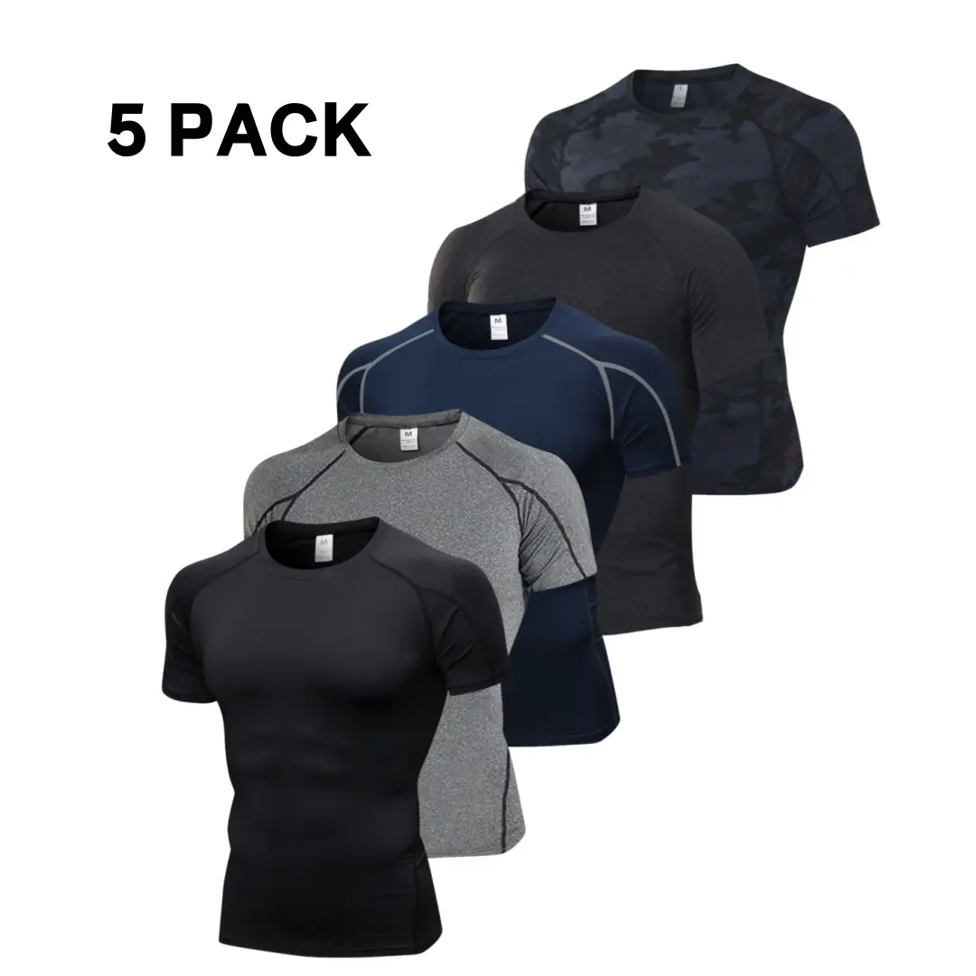 5 Pack Men's Compression Shirts, Short Sleeve Stretch Athletic Tops, Quick-Dry Breathable Baselayer for Gym Fitness Workouts, Athletic Apparel, Activewear Clothes