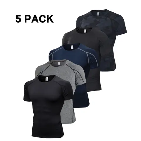 Men's 5-Pack Compression Shirts - M Quick-Dry Stretchy Second Skin Fit Round Neck Breathable Athleisure Baselayer, 5-Pack Workout Set for Athletes, Gym & Running Recovery Support Tops