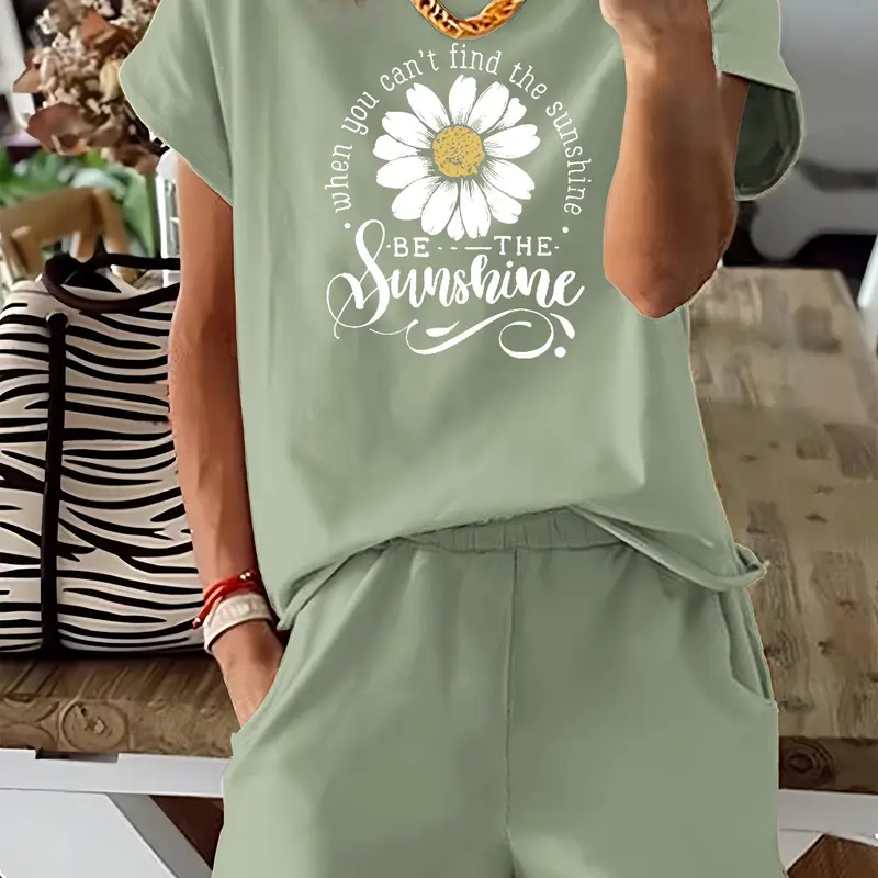 Women's Floral & Letter Print Two-piece Set Clothes, Casual Short Sleeve Tee & Elastic Waist Shorts Set, Ladies Summer Outfits for Daily Wear, Shorts Loungewear Set
