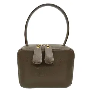Pre-owned CHANEL Leather Top Handle Bag Vintage Vanity Case Dark Olive