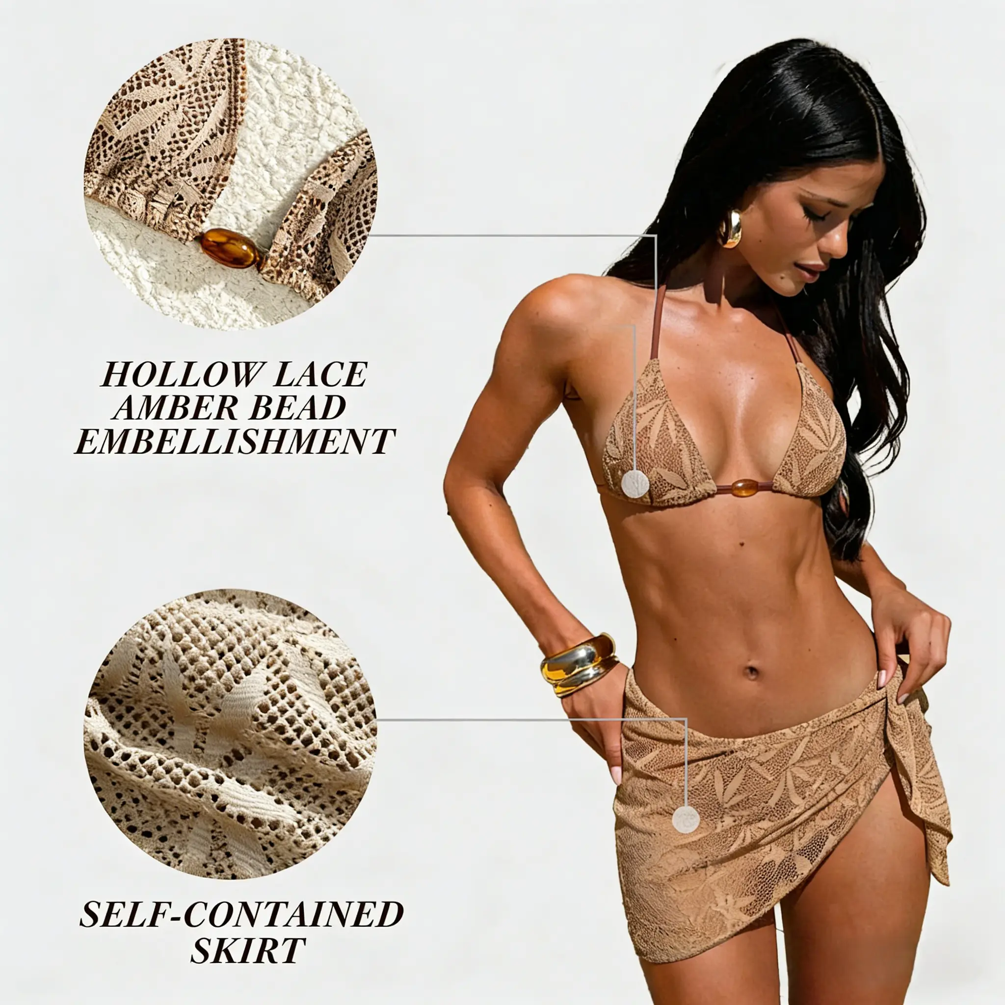 Women's Sand Beige Vintage Palm Leaf Lace Cutout Swimwear - 2-Piece Halter Neck Bikini Set with Triangle Bralette, Tie-Back Bra, Tie-Side Bottoms & Self-Knot Sarong Cover-Up for Beach Vacations