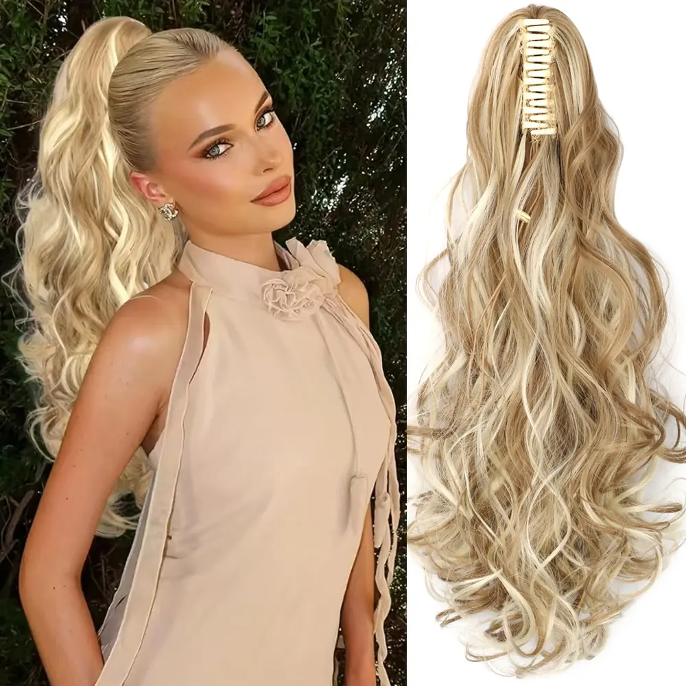 Women's Curly Wavy Blonde Synthetic Claw Clip Ponytail Hairpiece, Curly Hair Extensions, Synthetic Hair Extensions
