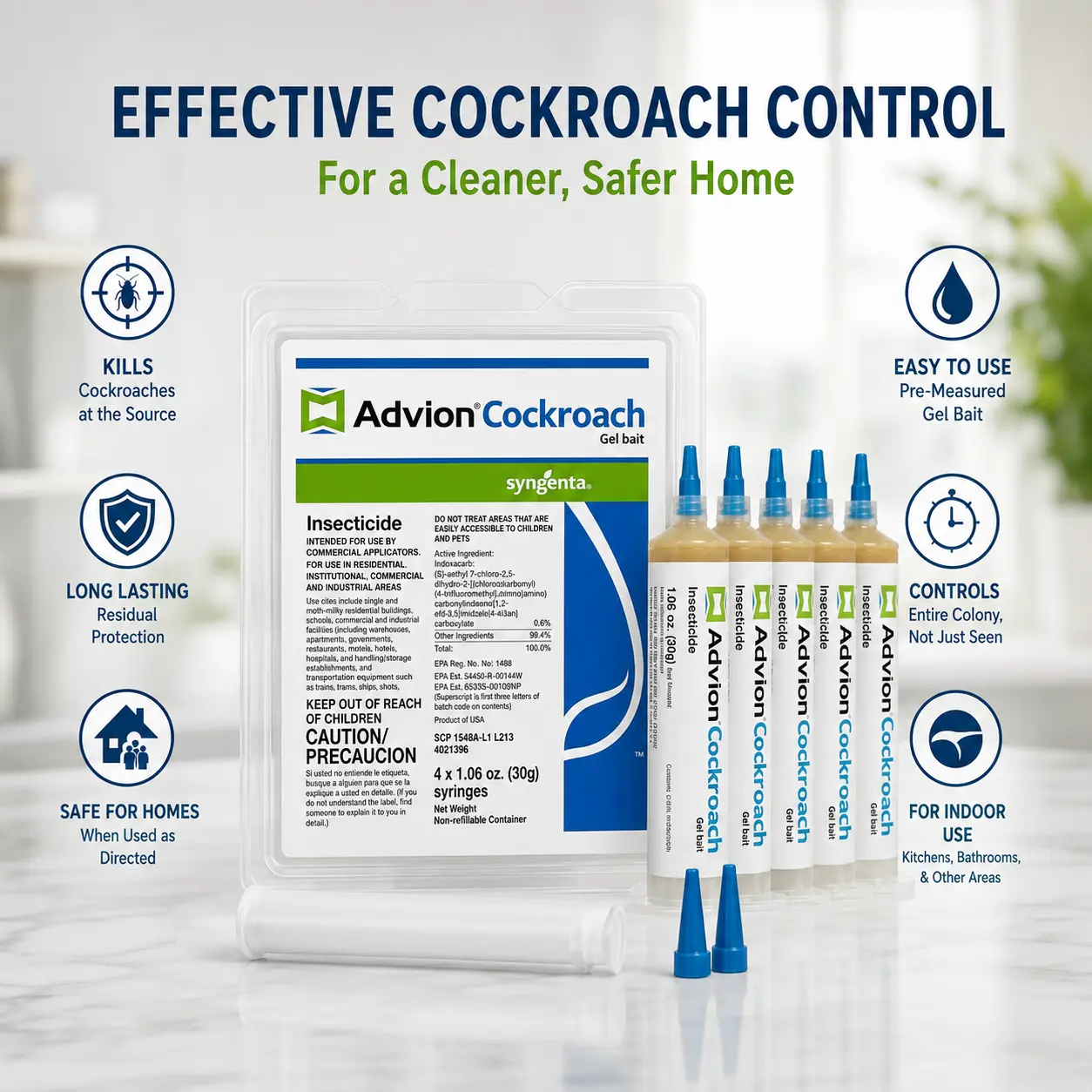 Advion Cockroach Bait Gel - 4 Tubes (30g Each, 1.06 fl oz Total), 1 Syringe, 2 Tips, 0.6% Indoxacarb Non-Repellent for Anti Cockroach Indoor Insect Control, Insecticidal Indoor Insect Control (No Battery, No Magnets)