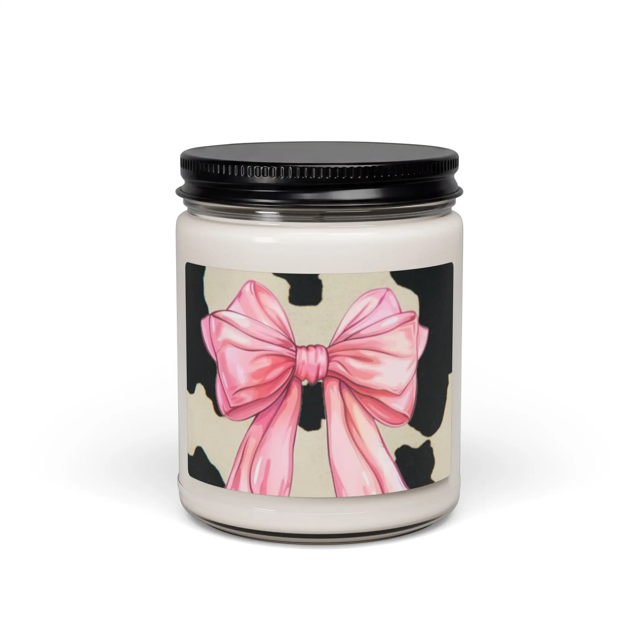 9oz Cozy Cow Print Glass Soy Wax Candle with Pink Bow - Non-Toxic, Vegan Safe, Scented Light-Up Home Decor Trinket, Aroma Light Home Supply