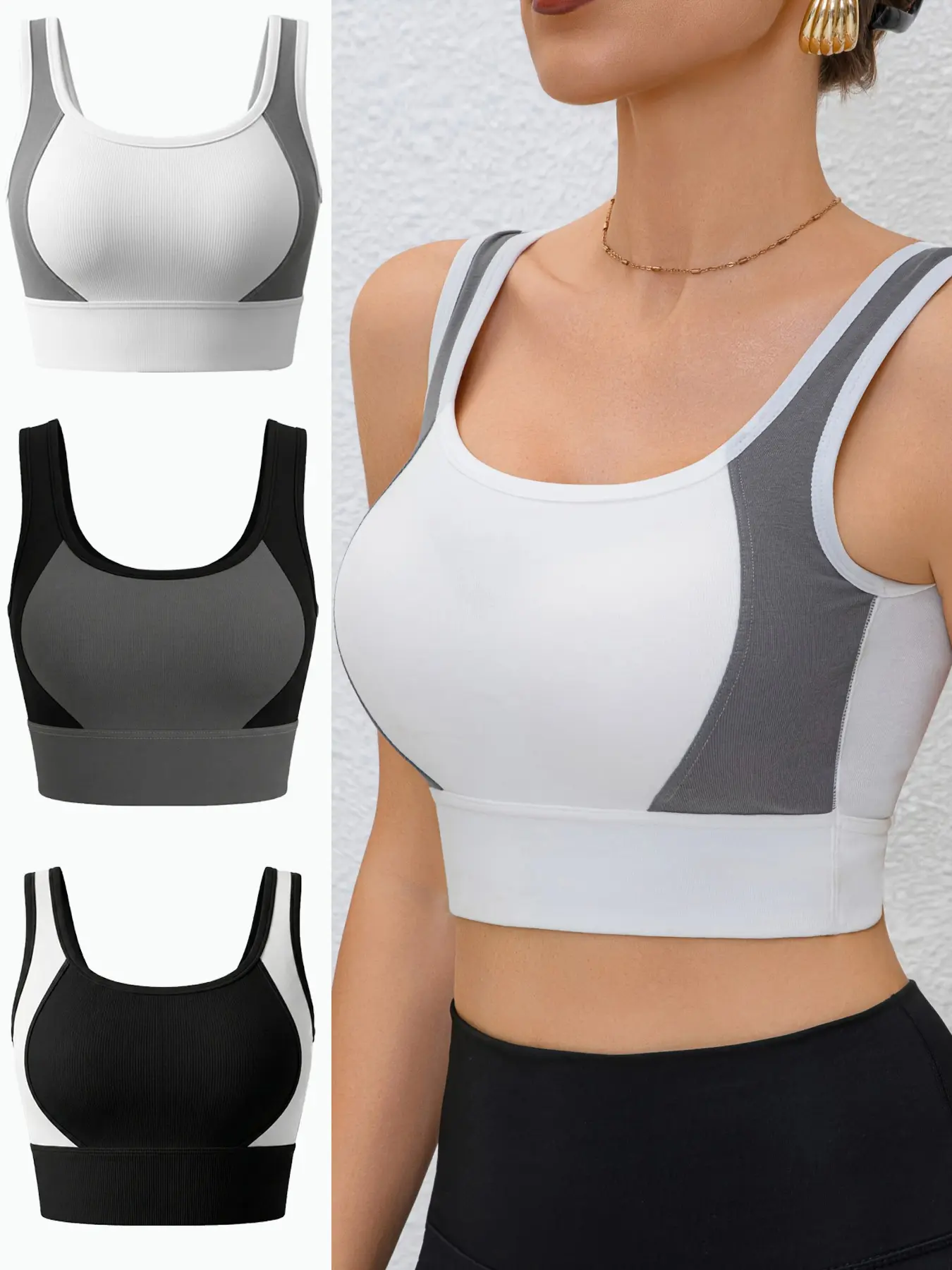 Women'S Thermal Base Layer Sports Bras with Padded Chest Support, Push-Up Tank Top, Color-Blocked High-Stretch Sports Bra