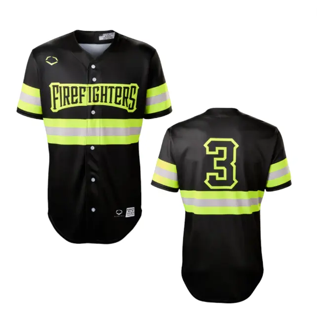 Firefighters EvoShield Jersey - Black Reflective Loose Fit Breathable Polyester Baseball Jersey with Moisture-Wicking Technology
