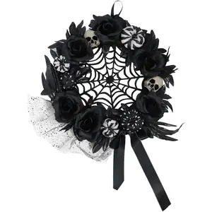 15 in Halloween Black and White Floral Wreath with Pumpkins, Skulls, and Spiderweb for Haunted House Hanging Decoration, HHSPD-2WRTH