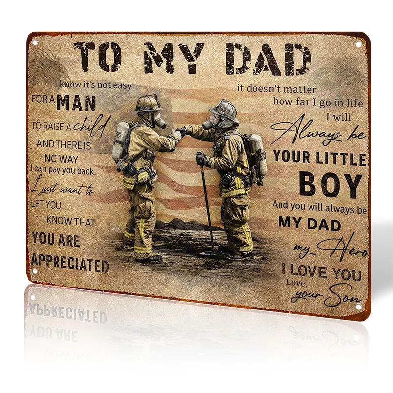 Vintage Aluminum Firefighter Dad-Son Metal Sign, 12x8in Novelty Vintage Plaque, American Retro Rustic Farmhouse Home Decor, Father's Day Birthday Gift for Cafes, Bars