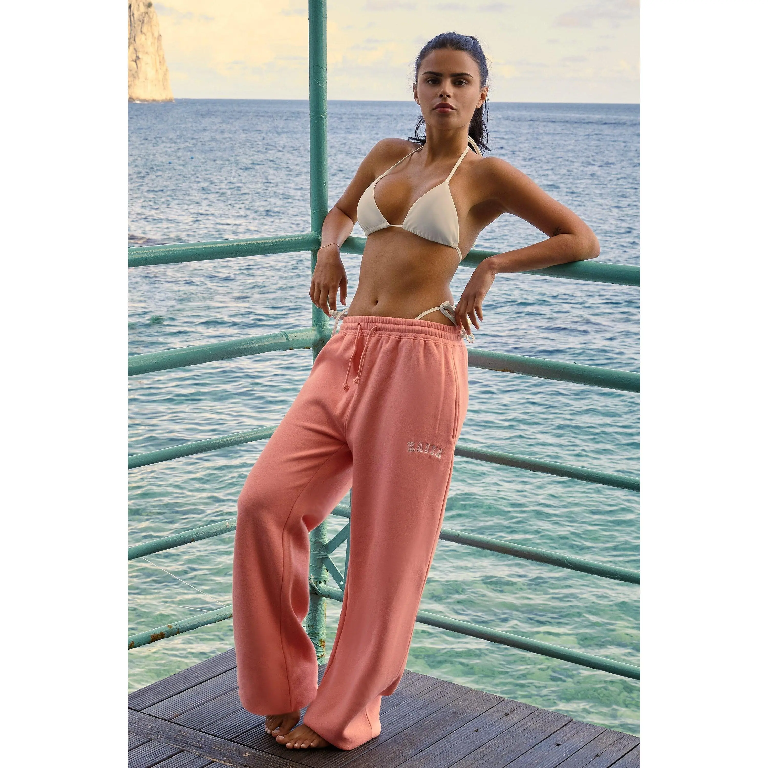 Kaiia Logo Wide Leg Joggers Bright Coral