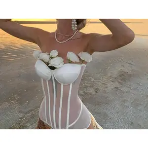 Women's Clothes Clearance Frees Mesh Waist Bra for Women European and American Summer Solid Color Patchwork Tie Slim Fit Inner Tube Top trainer White Shapewear  Fajas Body Shaper Lace Bodysuit Push Corest