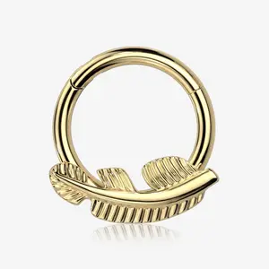 Implant Grade Titanium Golden Vintage Leaf Clicker Hoop Ring for Septum & Ear Piercings Classic Style PVD Coated Fashion Accessory