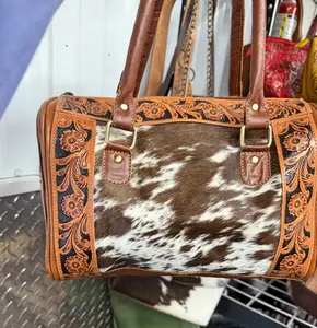 Genuine Hand tooled leather & cowhide soft shell duffel with crossbody strap