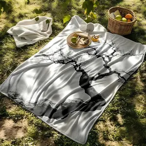 1 piece Black and white ink style ancient pine tree themed flannel blanket - Flannel blanket with modern design, suitable for sofas and beds, all-season use, super soft and comfortable, digitally printed pattern, 100% polyester material, machine