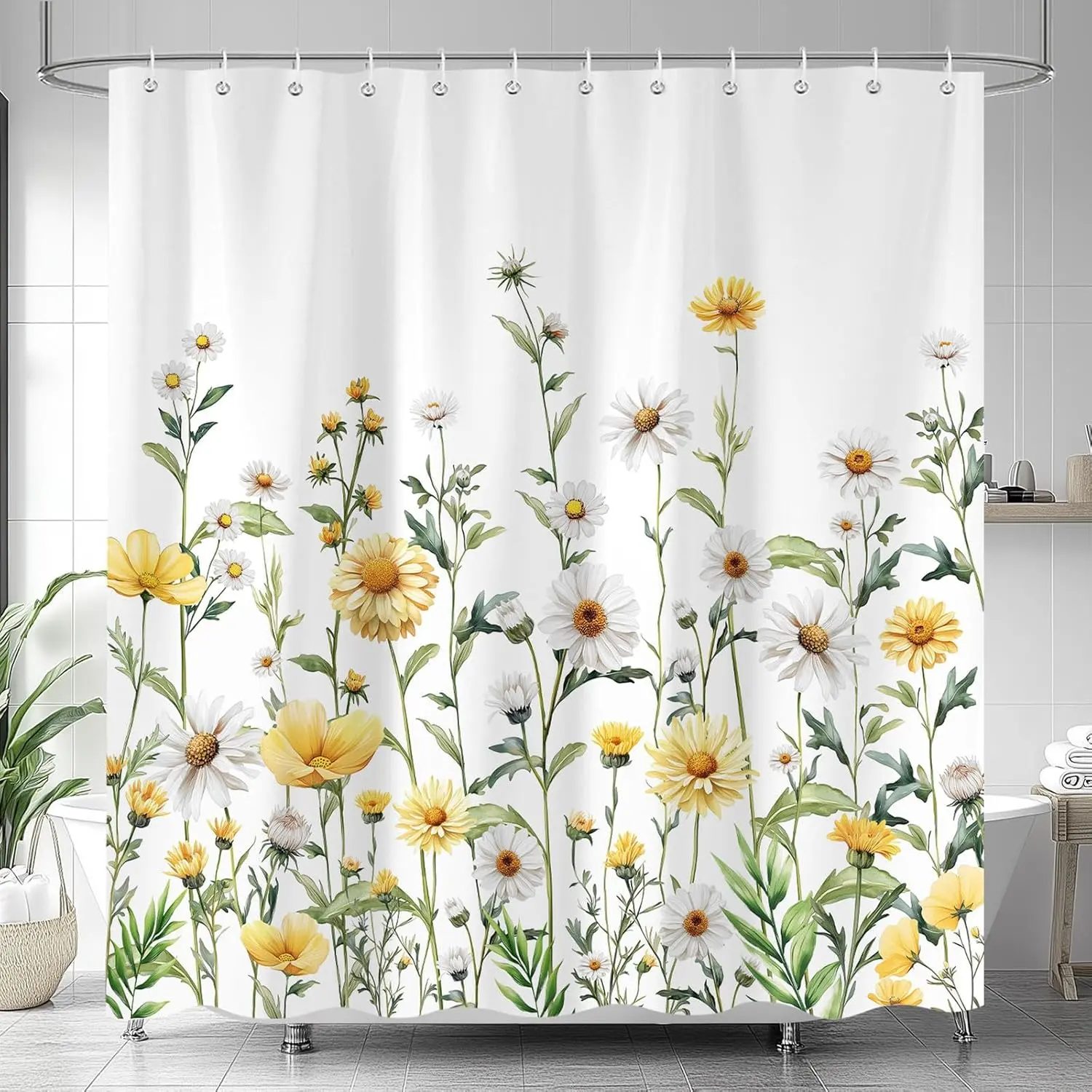 Yellow Floral Shower Curtain,Boho Retro Watercolor Blooming Daisy Botanical Bathroom for Shower Curtains, Natural Green Wildflower Decorative Shower Curtain Set Waterproof Fabric Hooks