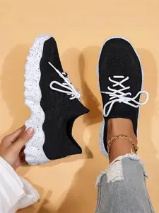 Fashionable Lace-Up Low Top Slip on Sneakers, Casual Comfortable Ankle Socks Shoes, Breathable Mesh Casual Footwear Running Walking Sneakers