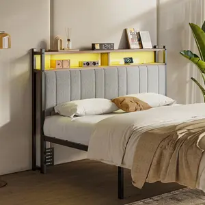 Pinmoco Upholstered Headboard with Storage, Linen Head Board with LED Light and Charging Station 【Headboard Only】