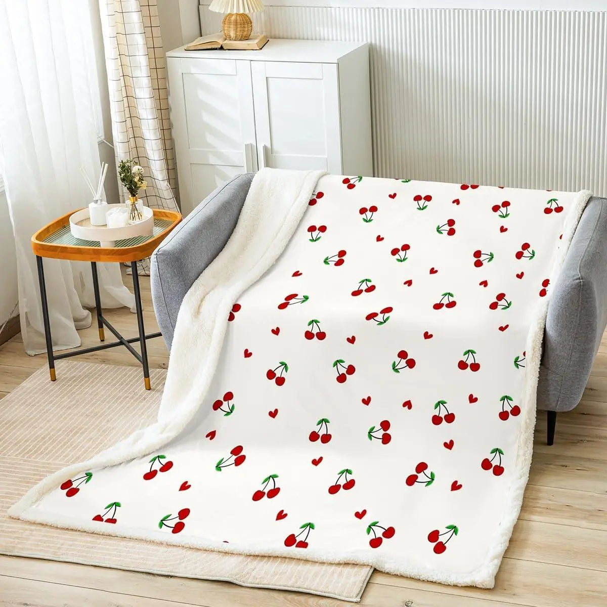 Kids Red Cherry Fleece Throw Blanket - Sherpa Pattern for Boys Girls - Cute Fruit Plush for Bed Sofa Couch - Kawaii Cartoon Teens Fuzzy Room Decor -
