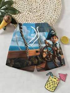 Boys' Blue Nautical Pirate Print Adventure Casual Shorts, Fashion Outdoor Sports, Birthday Gift, Holiday Present, Fitted Knee Length Elastic Waist