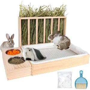 3 in 1  Hay Feeder with Litter Box,Upgraded Wooden Hay Feeder Set for Guinea Pig Chinchilla Bunny Other Small ,Quick Cleaning & Large Capacity & Preventing