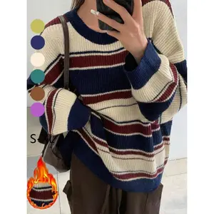 Women's color blocked striped printed off shoulder sweater, autumn and winter casual long sleeved round neck jumper, fashionable women's knitted daily wearRAIMENTRY