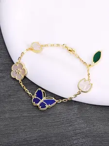 Exquisite Charm 18k Gold-Plated Copper Blue Butterfly Design Flower Bracelet, Elegant Jewelry Bracelet, Lucky Flower Leaf Bangle for Women, Summer Wear, Mother's Day Gift