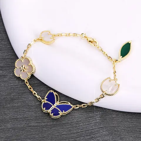 Exquisite Charm 18k Gold-Plated Copper Blue Butterfly Design Flower Bracelet, Elegant Jewelry Bracelet, Lucky Flower Leaf Bangle for Women, Summer Wear, Mother's Day Gift