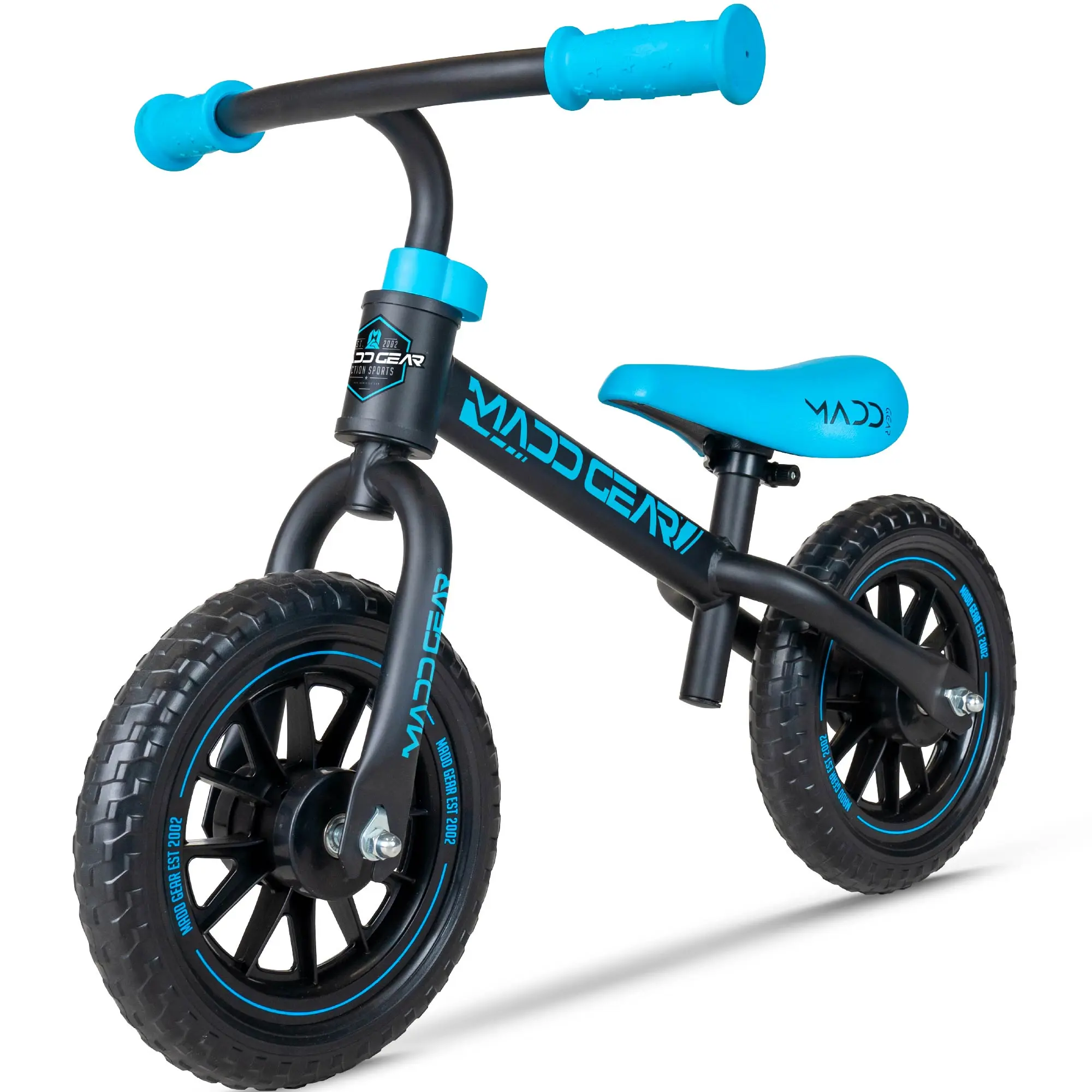 Madd Gear My 1st BMX Balance Bike for Toddlers 18 Months–4 Years, No Pedal First Bike, Adjustable Seat & Handlebar, 10" Maintenance-Free Airless Tires, Lightweight Carbon Steel Frame, Black/Blue Durable