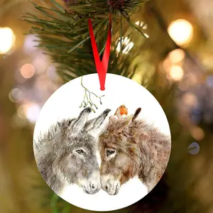 Ceramic Donkey Pair Christmas Decoration Ornament - White Circle, Star, Heart and Oval Shapes