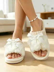 Trendy Ribbon Bow Fuzzy Slippers, Non-Slip Quiet Sole, Lightweight Comfortable Shoes, Fall Winter Home Wear, Versatile Women's Footwear, Fluffy House Slippers
