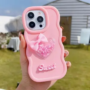 Phone Case - Soft Silicone Phone Case with a Wavy Frame And Macaron Colors, Featuring a Quicksand Heart Bow Design, Compatible with for Iphone 11 to 17 Pro Max Plus, Perfect for Sweet