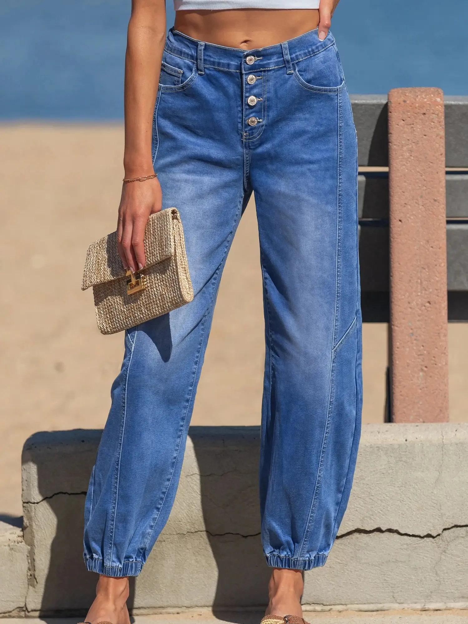 Women's High Waisted 4-Button Fly Denim Jogger Jeans, Tapered Loose Casual Fit, Elastic Hem, All-Season Everyday Bottoms (Button Fly Jeans), All-Season Jeans