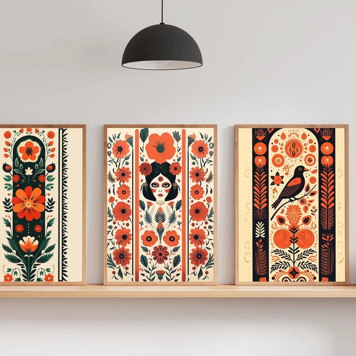 Mexican Otomi Folk Art Poster Set – Hispanic Heritage Abstract Triptych, Traditional Latin American Wall Art Set of 3, Beige and Orange, Room Decor, Unframed
