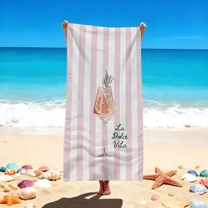 1 Pc "Elegant Pink Striped Beach Towel with Cocktail Print 'La Dolce Vita' Design - Perfect for Beach & Poolside Relaxation, Vibrant Summer Beach Blanket, Stylish Swimming Towel for Ultimate Coastal Comfort, Swim Towels
