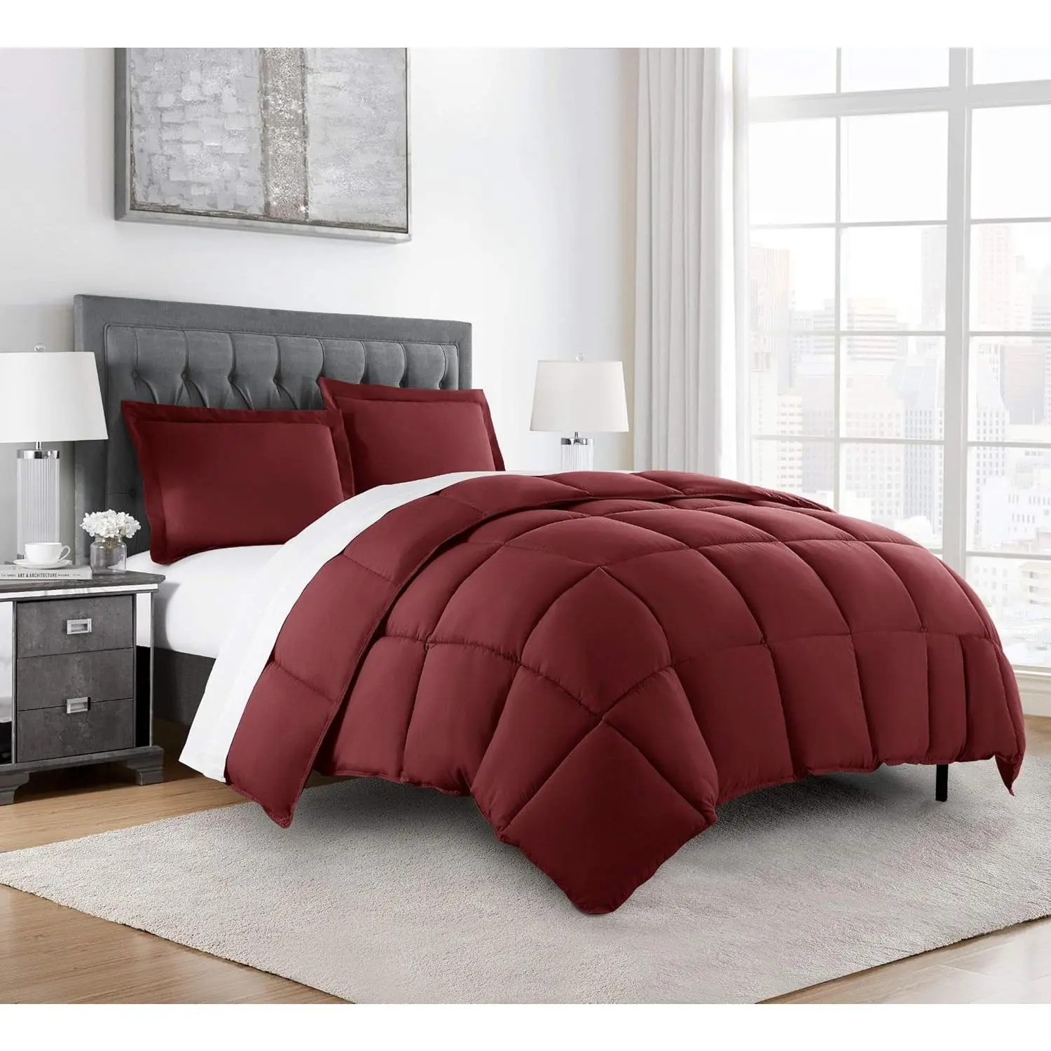 3-Down Alternative Comforter - Lightweight, Brushed Microfiber Comforter with Box Stitching, Even Layer for Year-Round Use, Bedroom Decor (Oversized Queen, Burgundy)