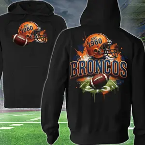 Broncos Football 2 Sided Hoodie, Football Player Sweatshirt, Sports Apparel, Orange Helmet Pullover Classic T-shirt, Graphic Printed Streetwear Top, 100% Cotton, Gift For Fans